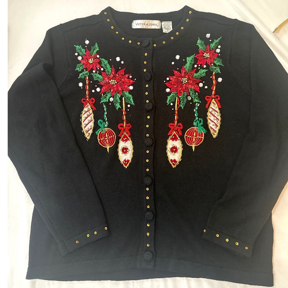 Vtg Victoria Jones Black Christmas Cardigan Poinsettia Ornament Sequin Sweater L